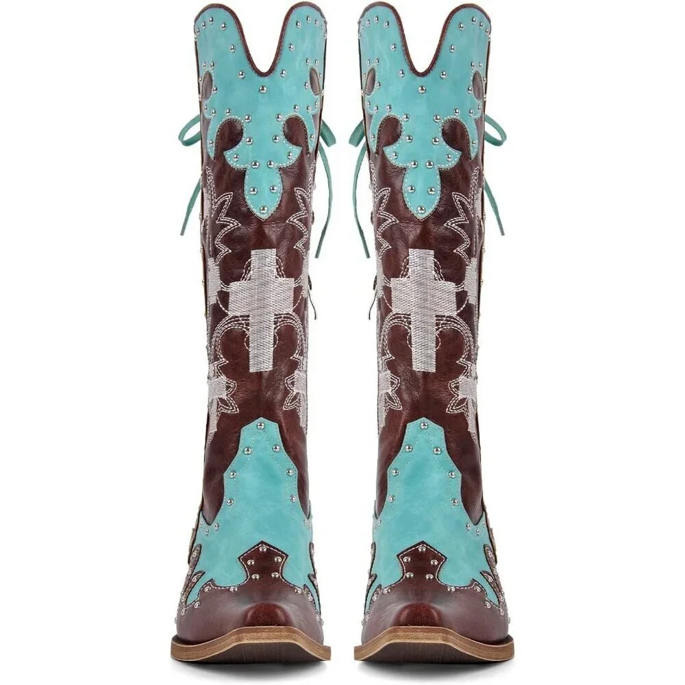 Women's Brown Embroidered Knee High Studded Two-Tone Pathwork Cowboy Boots